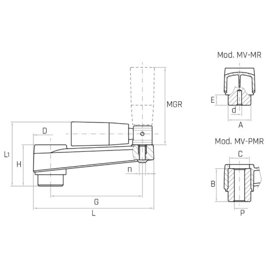 MV/160-PMR G160 forgatókar, d16 átmenő furat, behajtható markolat.