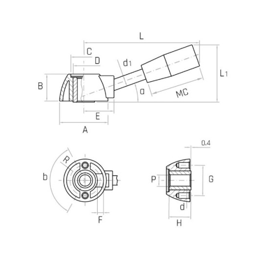 LM/46-P15 A46 szabályozó kar, d15 átmenő furat, forgó markolat.
