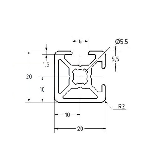 Aluprofil - 20x20 Két oldalon zárt - 90°