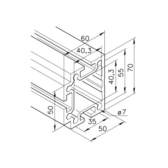 Aluprofil mk 2040.74 - 60x50 Teleszkóp profil - Egy oldalon zárt