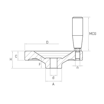 ALVR2+X D125 alu 2-küllős kézikerék, d12mm furat, forgó Duroplast markolattal.