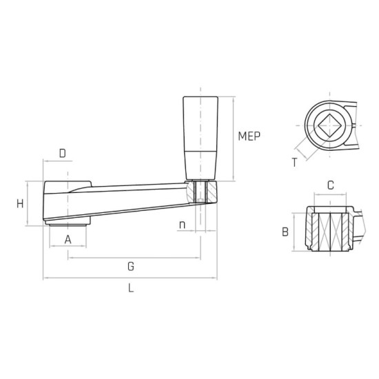 MHQ/65-MEP G65 forgatókar, 8x8mm négyszög furat, forgó markolat.