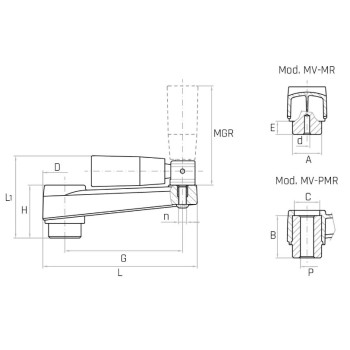 MV/160-MR G160 forgatókar, d6 furat, behajtható forgó markolattal.
