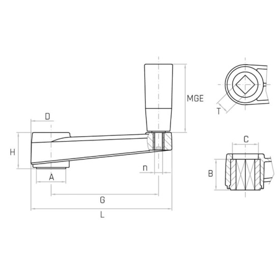 MV/65-TM G65 forgatókar, 8x8mm négyszög furat, forgó markolattal.