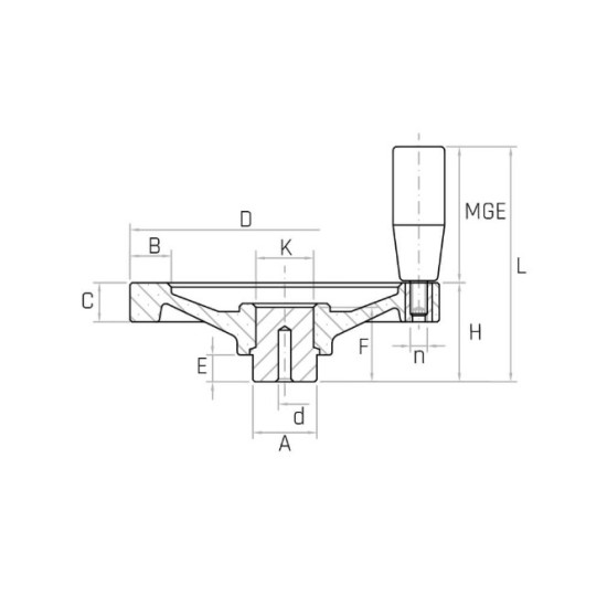 VPR/M D150 teli kézikerék, d6 furat, forgó markolattal, Duroplast.