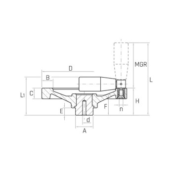VPR/MR D125 teli kézikerék, d6mm furattal, behajtható markolattal, Duroplast.