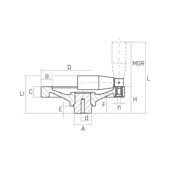 VPR/MR D125 teli kézikerék, d6mm furattal, behajtható markolattal, Duroplast.